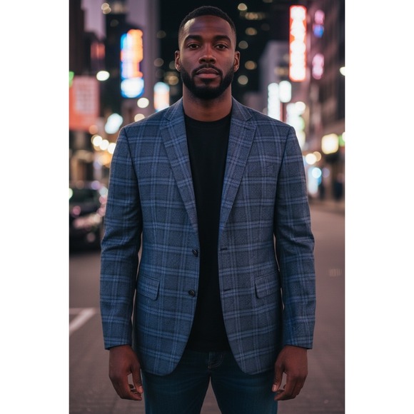 Perry Ellis Portfolio Men's Blue Plaid Slim Fit Sport Coat Blazer Size 44R